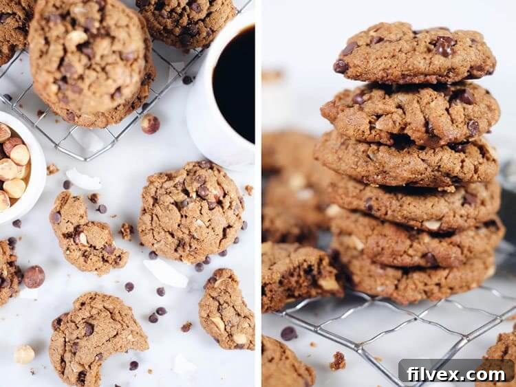Freshly baked Hazelnut Chocolate Chip Cookies on a baking sheet, ready to cool. | realsimplegood.com