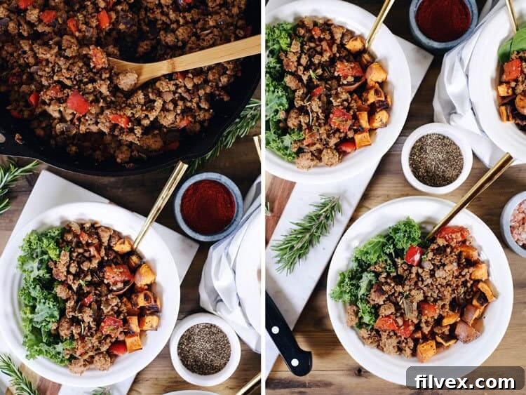 Savory Rosemary Sausage and Sweet Potato Hash, a perfect make-ahead breakfast for Whole30, Paleo, and gluten-free diets.