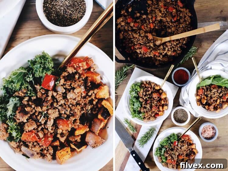 Cooked Rosemary Sausage and Sweet Potato Hash, perfectly portioned for meal prep throughout the week.