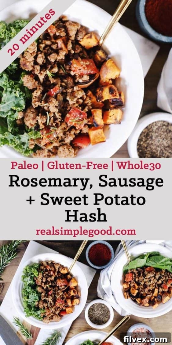 Rosemary Sausage and Sweet Potato Hash in a bowl, showing texture and ingredients for a hearty breakfast.