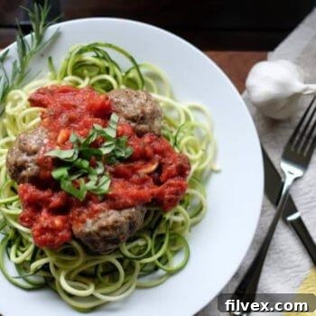 Close-up of Paleo spaghetti and meatballs