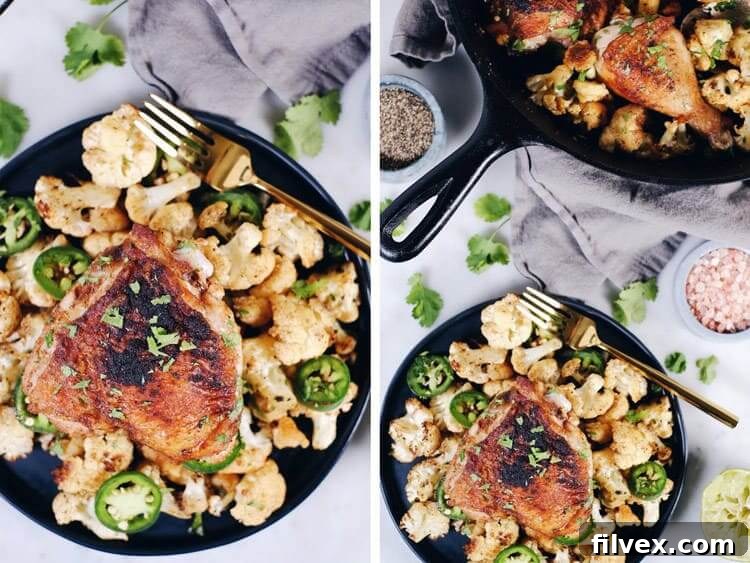 Achieve the ultimate crispy chicken skin with bone-in, skin-on chicken thighs, perfectly complemented by zesty cauliflower. A Paleo and Whole30 favorite.