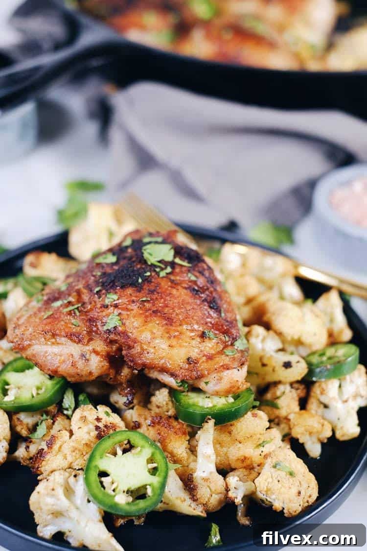 Crispy chicken thighs with zesty cauliflower - customizable to your spice preference. A healthy, flavor-rich meal for Paleo and Whole30 diets.