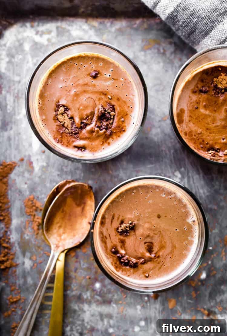 Overhead image of two glasses filled with dark chocolate smoothies, elegantly topped with a dusting of cocoa powder.