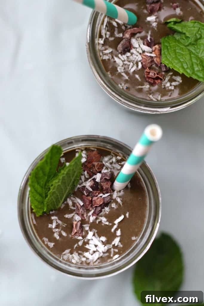 Overhead image of a vibrant green mint chocolate smoothie, artfully garnished with shredded coconut, crunchy cacao nibs, and fresh mint leaves.
