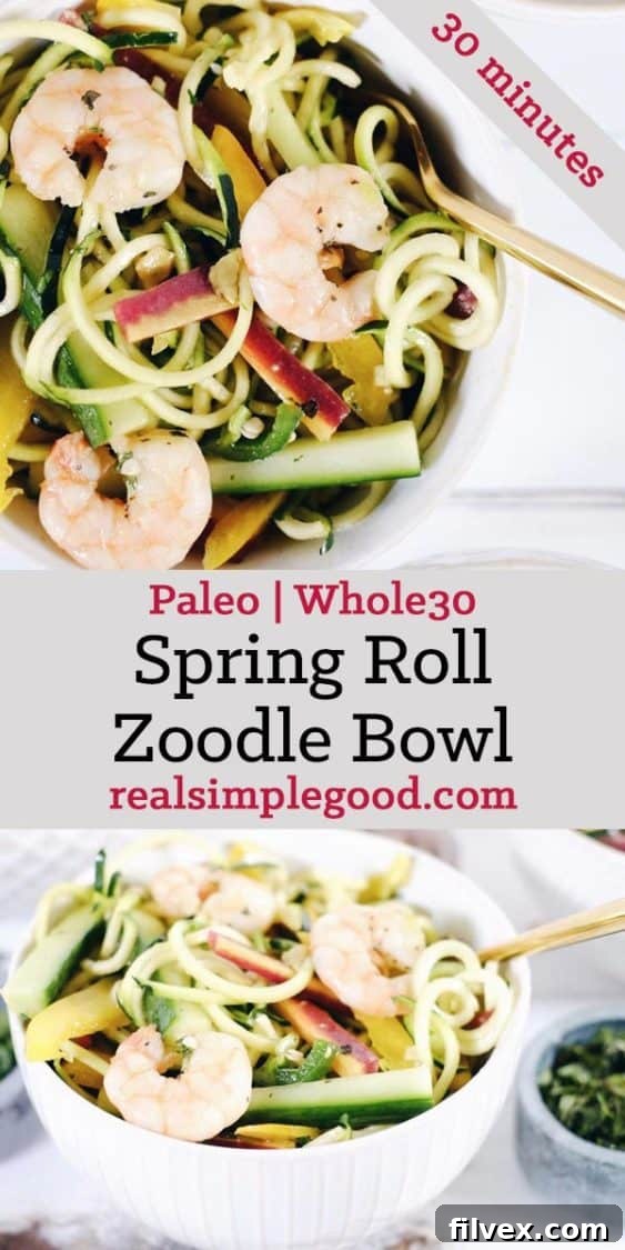 Enjoy this vibrant and satisfying Shrimp Zoodle Spring Roll Bowl! It's light, filling, and packed with incredible flavors, perfect for any healthy diet. Paleo, Whole30, Gluten-Free, Soy-Free, Dairy-Free.