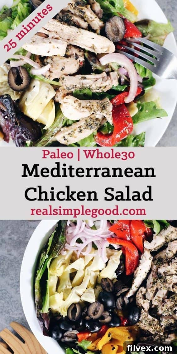 A serving of Mediterranean Chicken Salad, showcasing its inviting presentation and fresh ingredients. Perfect for a healthy and satisfying meal.