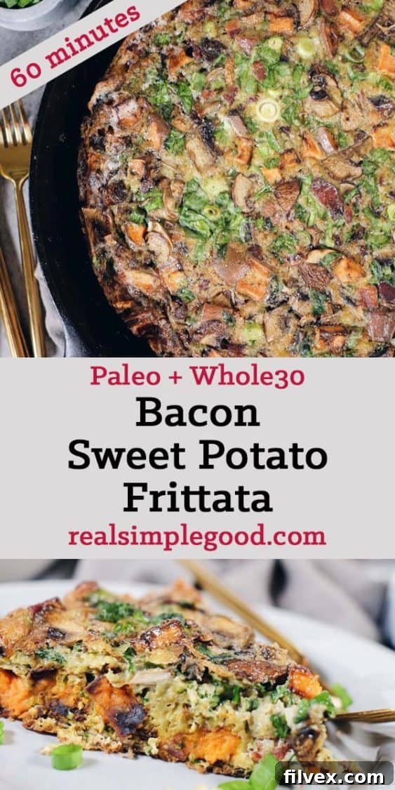 A slice of Bacon Sweet Potato Frittata on a wooden board, showcasing the texture and ingredients. Perfect for Whole30 and Paleo diets.