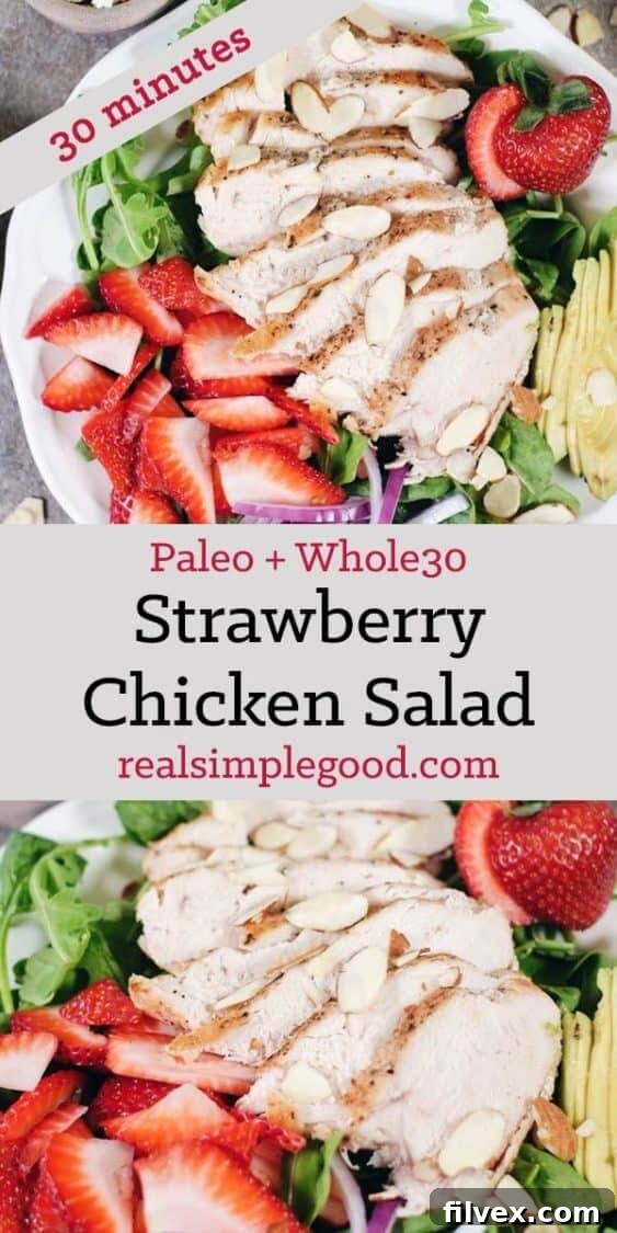 A fully assembled, mouth-watering Strawberry Chicken Salad, showcasing tender chicken strips, fresh greens, juicy strawberries, creamy avocado, crunchy almonds, and a drizzle of balsamic dressing, ready to eat.