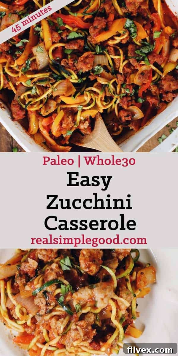 This Paleo and Whole30 easy zucchini casserole is packed with veggies and a breeze to make! It's filled with Italian sausage, bell peppers and onions! Paleo + Whole30 | realsimplegood.com