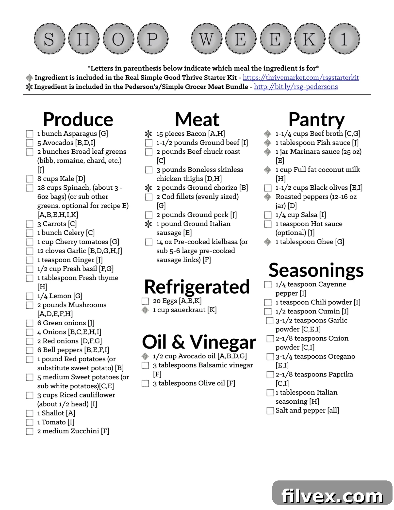 Image of a comprehensive printable Whole30 Meal Plan shopping list.