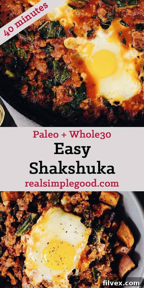 This Paleo and Whole30 Easy Shakshuka Recipe is a hearty and filling make ahead breakfast that will have you feeling well fed to start your day. Paleo + Whole30 | realsimplegood.com