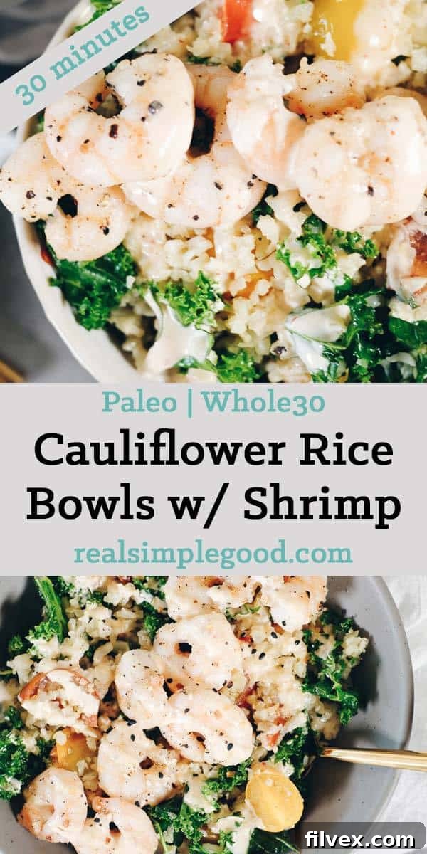 Overhead shot of two Paleo cauliflower rice bowls with shrimp, inviting you to try the recipe.