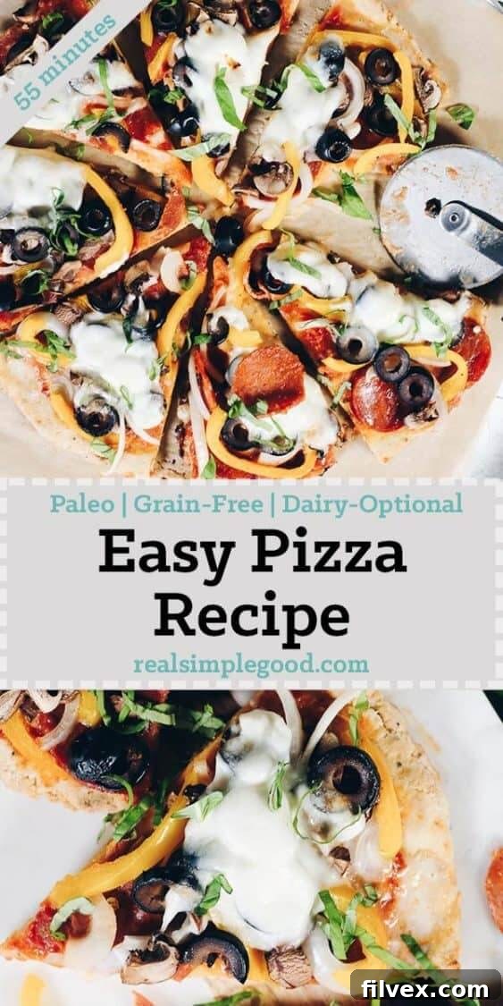 A delicious homemade Paleo pizza, freshly sliced and ready to serve, topped with fresh basil. This recipe is grain-free, gluten-free, and dairy-optional.