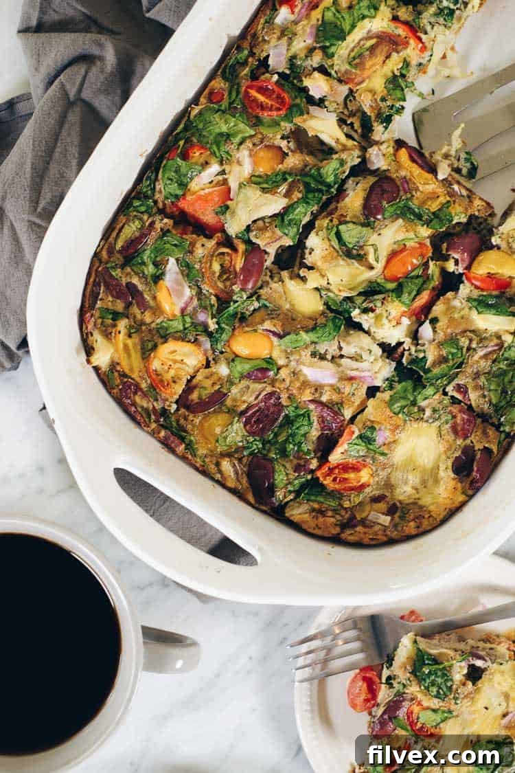 This Paleo and Whole30 Mediterranean breakfast frittata is a great make ahead breakfast you can re-heat in the morning for a start to the day! Paleo, Whole30 and Dairy-Optional | realsimplegood.com
