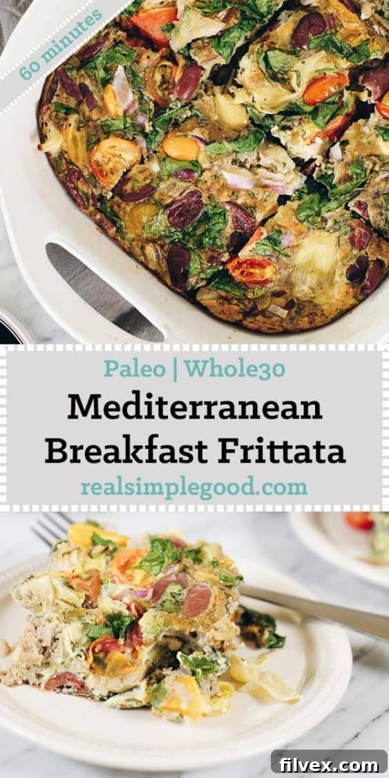 This Paleo and Whole30 Mediterranean breakfast frittata is a great make ahead breakfast you can re-heat in the morning for a start to the day! Paleo, Whole30 and Dairy-Optional | realsimplegood.com
