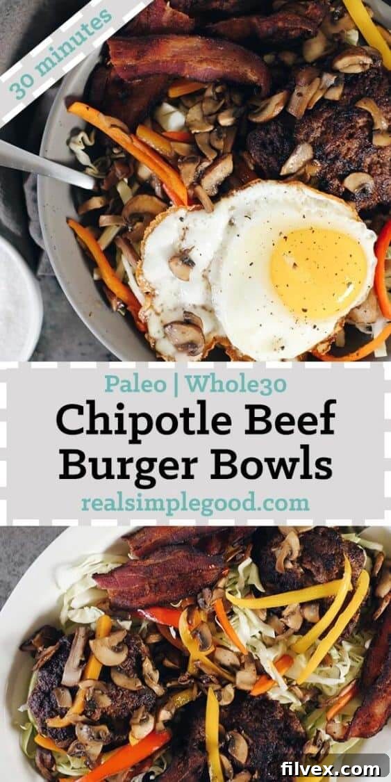 Beautifully plated Chipotle Beef Paleo Burger Bowls, an ideal quick and easy meal for Paleo, Whole30, and Keto diets. Share your creations with us! realsimplegood.com