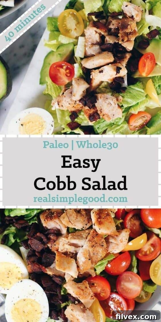 The final artful presentation of the Easy Paleo Cobb Salad, showcasing all its fresh and flavorful ingredients arranged beautifully on a plate.