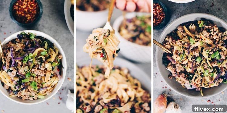 These Paleo potsticker noodle bowls are the BEST! Filled with cruciferous veggies, grain-free pasta and deliciously seasoned ground pork! Paleo, Gluten-Free, Dairy-Free + Soy-Free. | realsimplegood.com