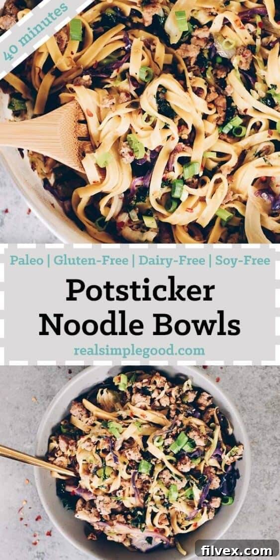 These Paleo potsticker noodle bowls are the BEST! Filled with cruciferous veggies, grain-free pasta and deliciously seasoned ground pork! Paleo, Gluten-Free, Dairy-Free + Soy-Free. | realsimplegood.com