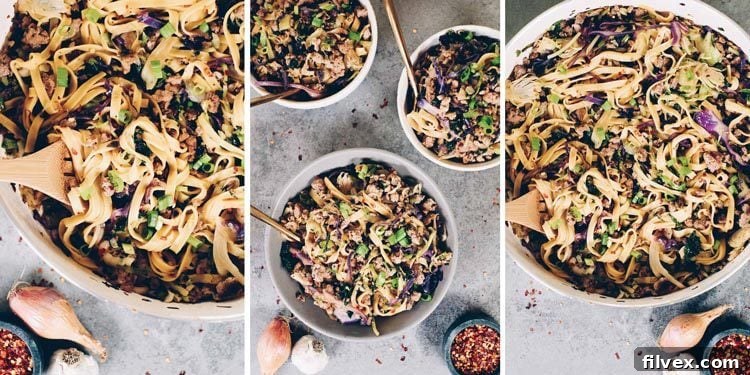 These Paleo potsticker noodle bowls are the BEST! Filled with cruciferous veggies, grain-free pasta and deliciously seasoned ground pork! Paleo, Gluten-Free, Dairy-Free + Soy-Free. | realsimplegood.com