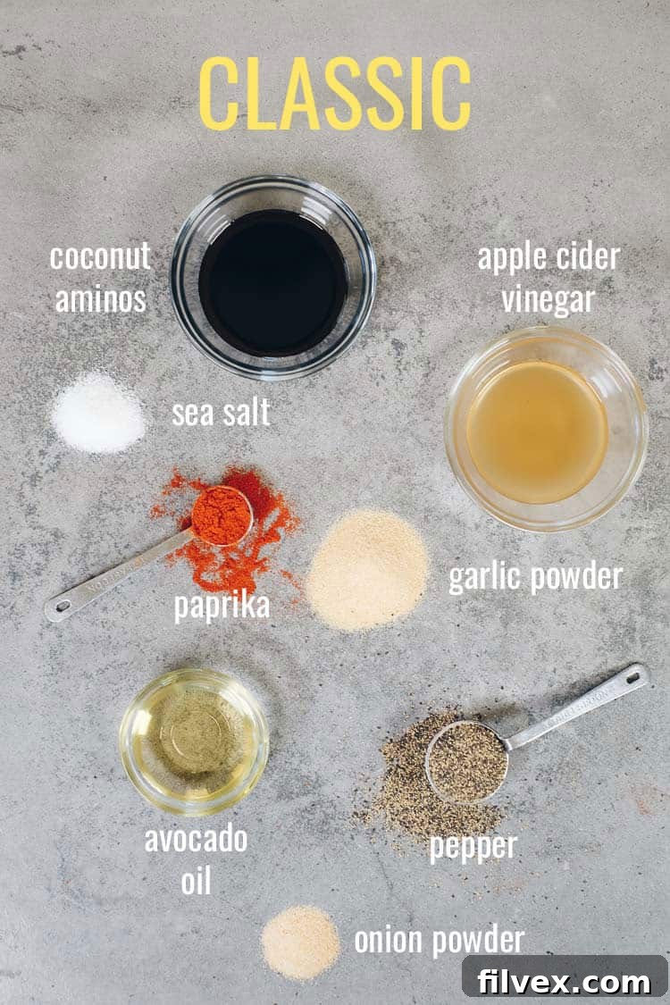 Classic marinade ingredients laid out on gray background with text overlay by ingredients