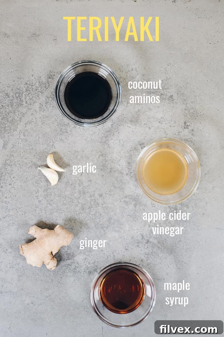 Teriyaki marinade ingredients laid out on gray background with text overlay by ingredients
