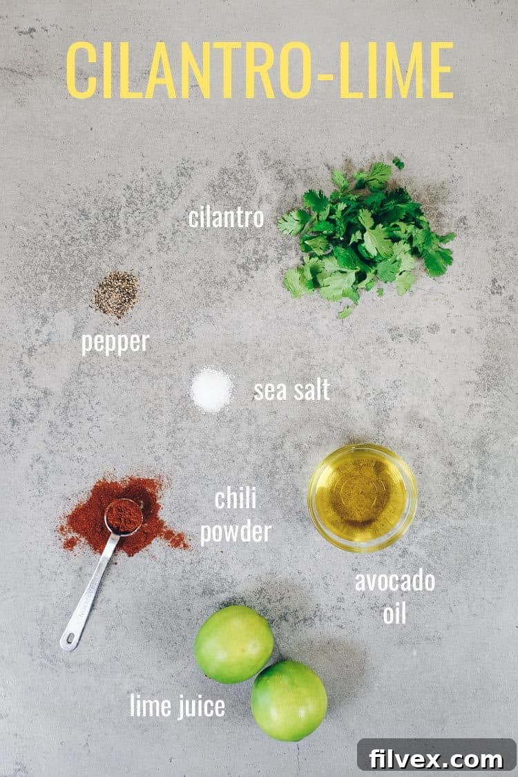 Cilantro lime marinade ingredients laid out on gray background with text overlay by ingredients