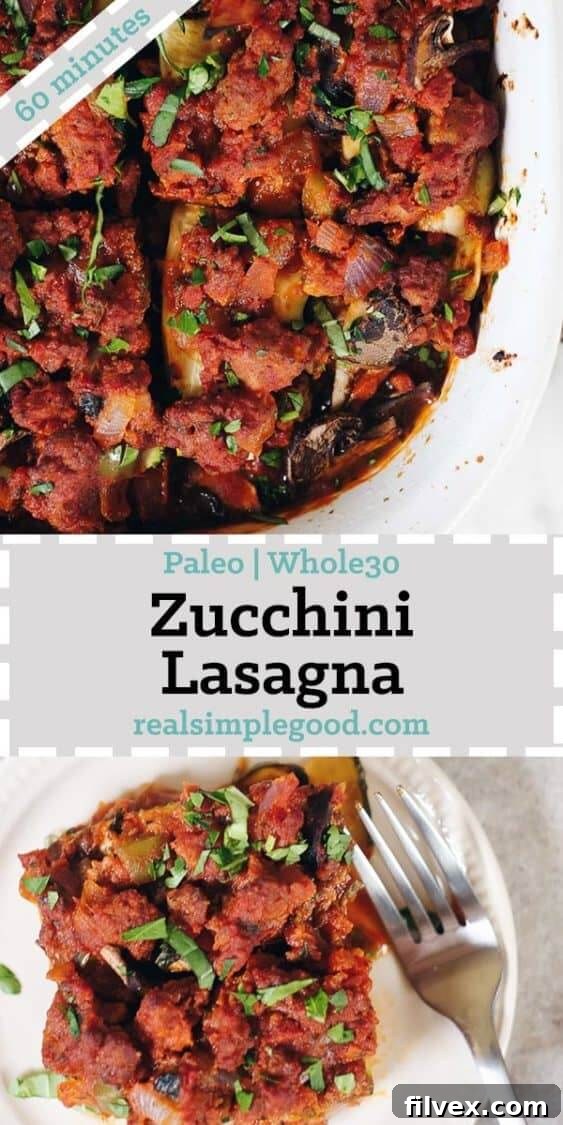 A generous serving of freshly baked Paleo Zucchini Lasagna, showing the delicious layers of meat, sauce, and tender zucchini. This gluten-free and dairy-free dish is a satisfying and wholesome meal for the entire family.