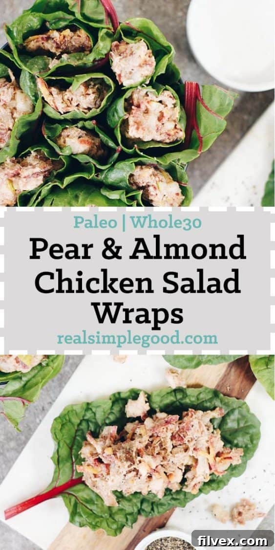 These Paleo and Whole30 pear and almond chicken salad wraps are perfect for packing along for a day trip or lunch during the busy week! | realsimplegood.com