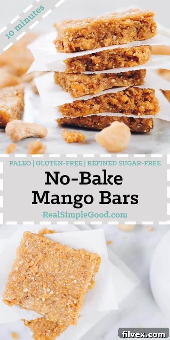 A tall, narrow image displaying a stack of finished no-bake mango protein bars, highlighting their appealing texture and the natural color of the ingredients. Perfect for visual appeal and sharing on social media.