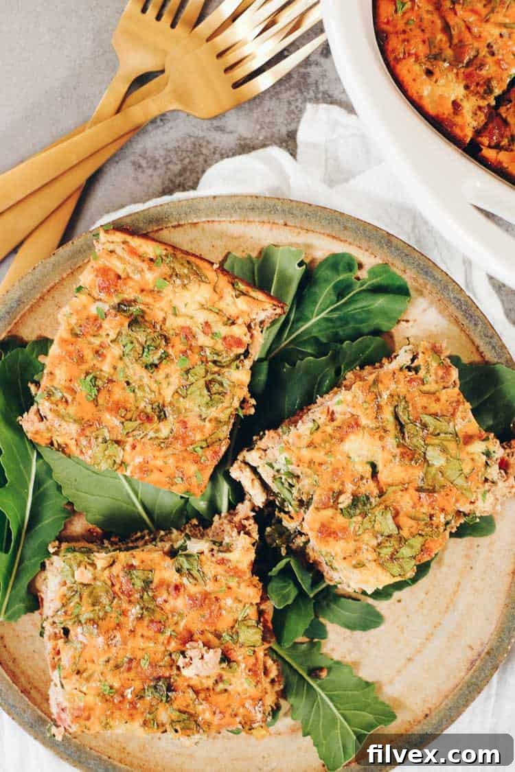 Delicious and healthy Paleo Breakfast Pizza Casserole, ideal for Whole30 and Keto meal prep, shown ready for serving.