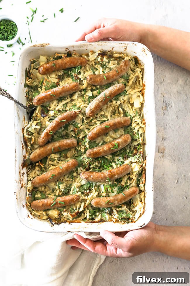 Golden-brown breakfast hashbrown casserole, a comforting and compliant Whole30 meal.