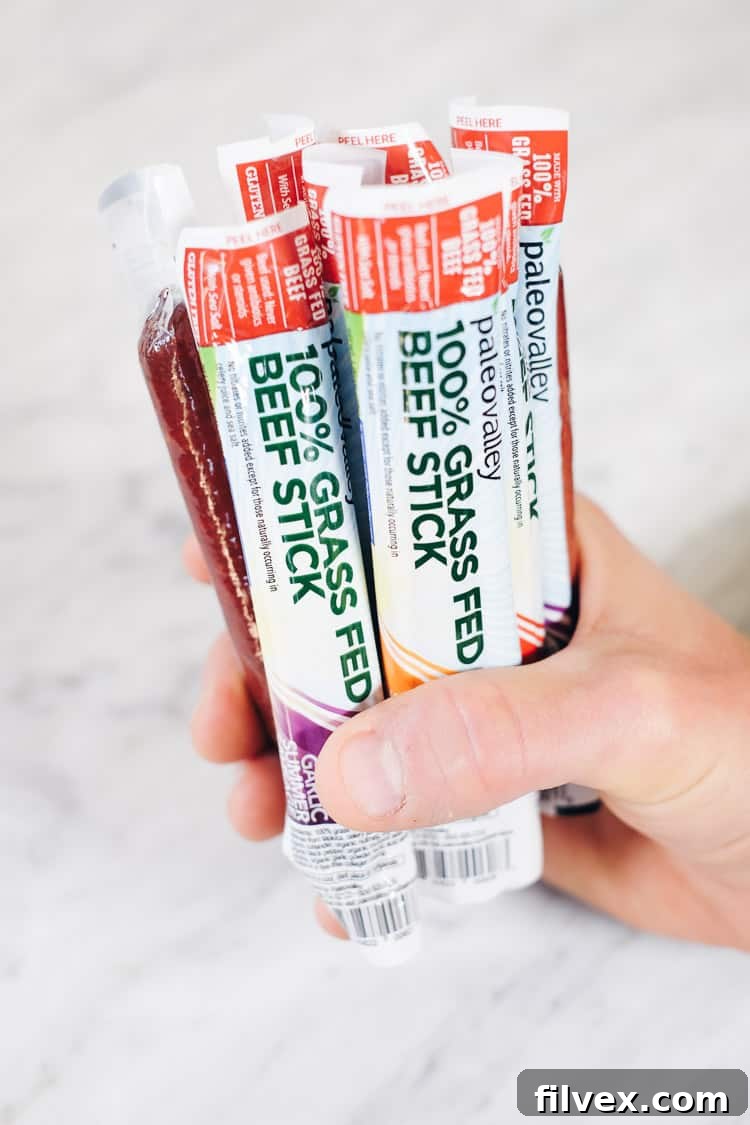 Life is busy and you need a healthy on-the-go snack option to stave off hunger. Try these delicious 100% grass fed beef sticks from Paleovalley! | realsimplegood.com