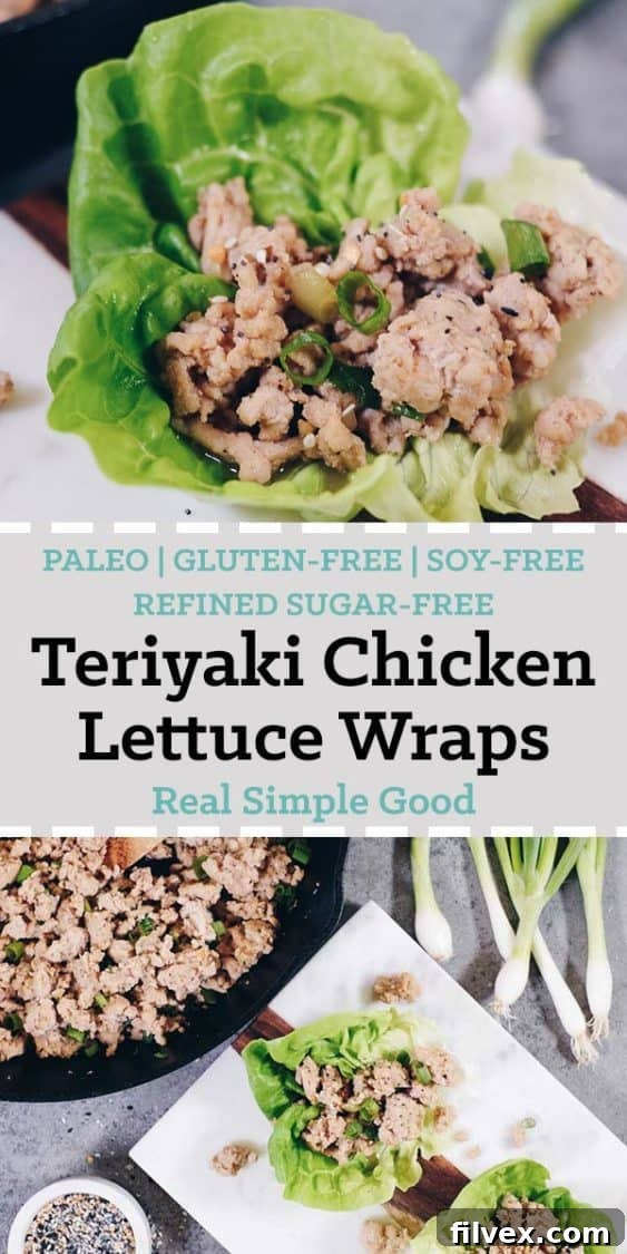Final healthy teriyaki chicken lettuce wraps ready to serve. A perfect quick dinner idea for Paleo, Gluten-Free, Soy-Free + Refined Sugar-Free diets. | realsimplegood.com