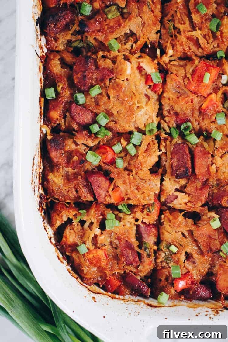 A serving of Paleo BBQ Chicken Casserole, showcasing the spaghetti squash, chicken, and vegetables, ready to be enjoyed.
