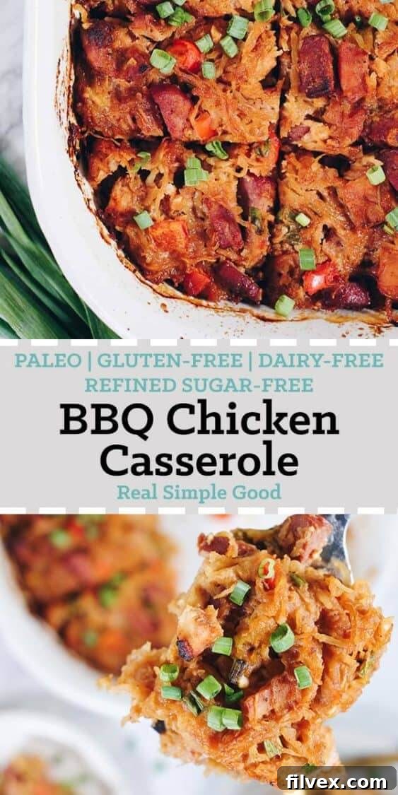 Close up of Paleo BBQ Chicken Casserole, a healthy and easy comfort food recipe.