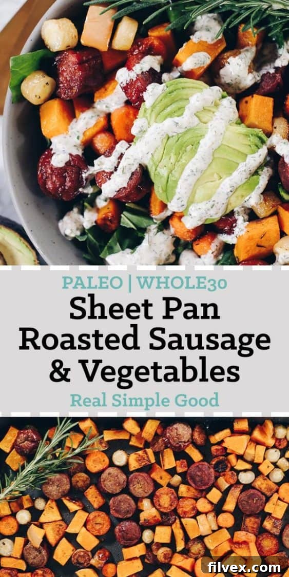 Hearty and healthy Sheet Pan Roasted Sausage and Vegetables bowl with creamy ranch and avocado, ideal for an egg-free Paleo Whole30 breakfast or quick dinner.