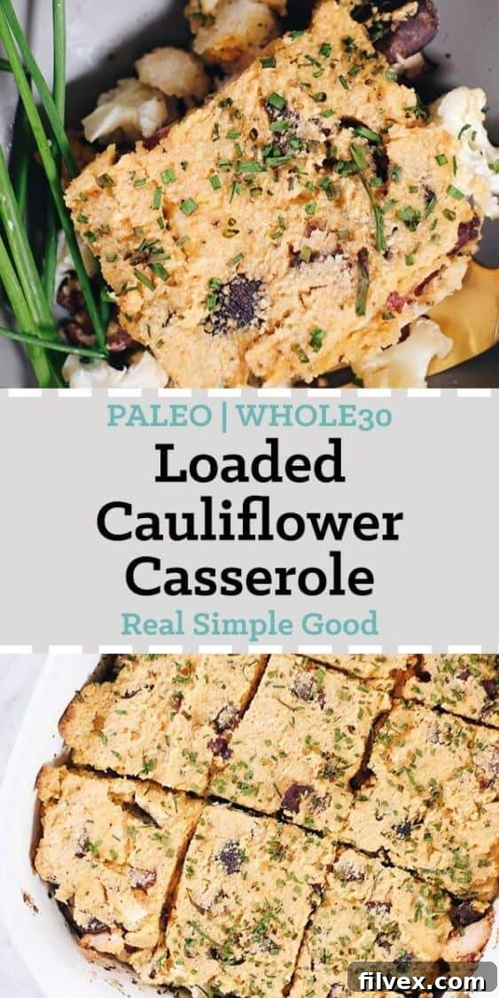 Loaded Cauliflower Casserole long pinterest image with text overlay and recipe details