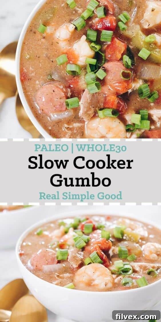 This vibrant Paleo Gumbo is generously packed with tender chicken thighs, rich sausage, and succulent shrimp, along with a medley of fresh vegetables and a bold blend of seasonings. It's also fully compliant with Whole30 and Keto diets, making it an ideal choice for healthy and flavorful eating. | realsimplegood.com