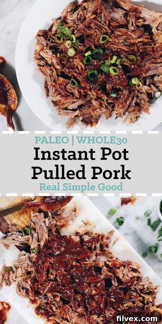 This Instant Pot Whole30 Pulled Pork with BBQ Sauce is the perfect way to utilize your Instant Pot! Also, we made the yummiest Whole30 friendly BBQ Sauce! | realsimplegood.com
