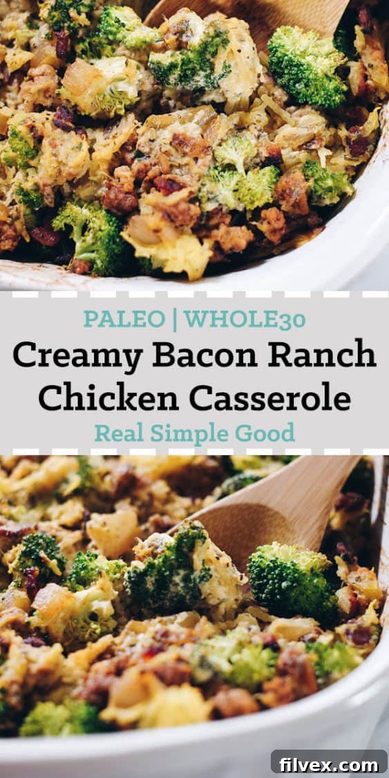 Close-up of creamy bacon ranch chicken casserole in a white dish, showcasing the golden-brown top and rich texture.