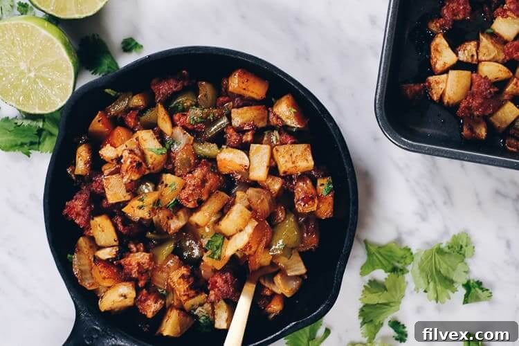 Spend a little time making this Paleo and Whole30 One Pan Chorizo Breakfast Bake. Just re-heat it for breakfast. Trust us, your morning self will thank you! | realsimplegood.com