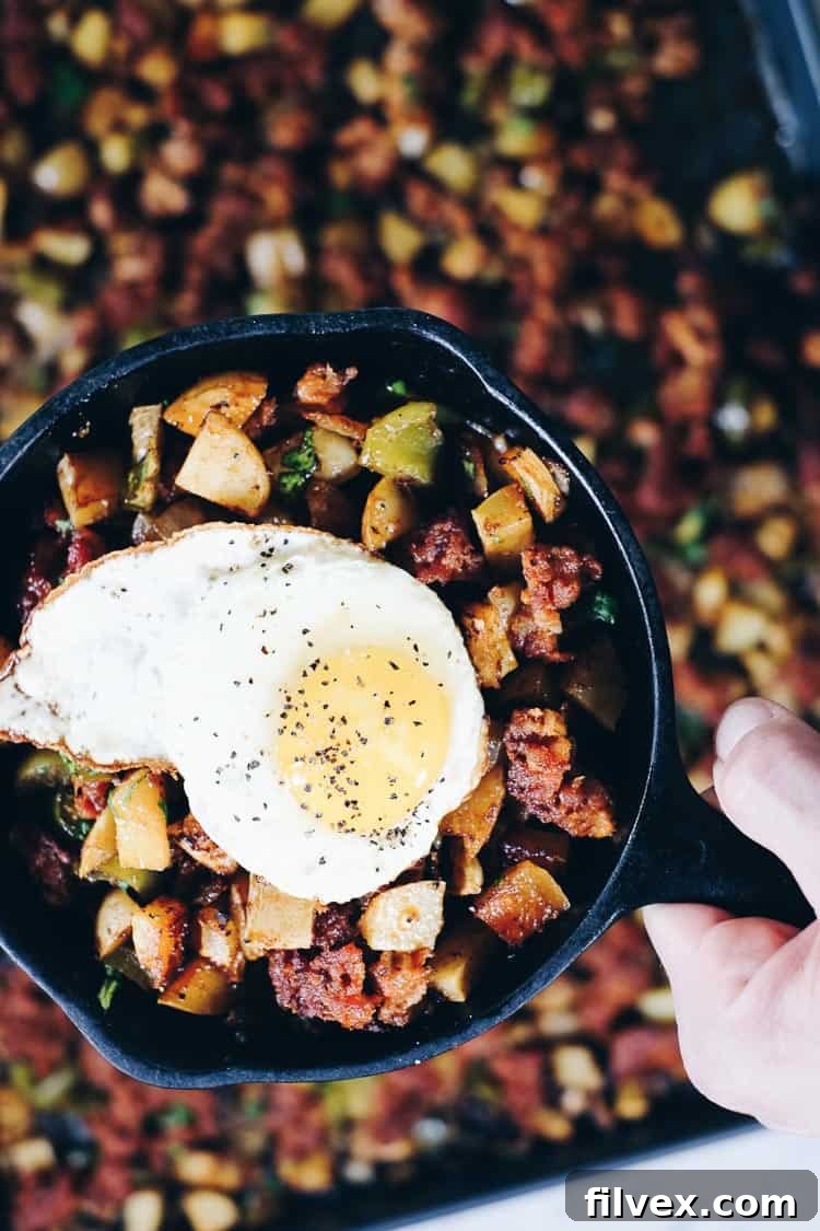 Spend a little time making this Paleo and Whole30 One Pan Chorizo Breakfast Bake. Just re-heat it for breakfast. Trust us, your morning self will thank you! | realsimplegood.com