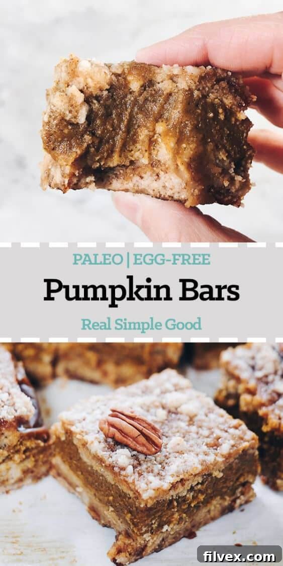 Delicious and healthy Paleo pumpkin bars, made without dairy, gluten, eggs, or refined sugar. Perfect for fall and holiday treats!