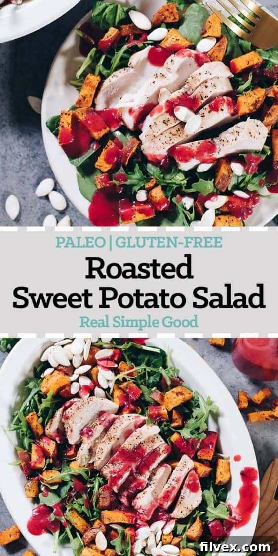 Stunning close-up of Roasted Sweet Potato Salad with Cranberry Vinaigrette, perfect for pinning and saving for your holiday menu.