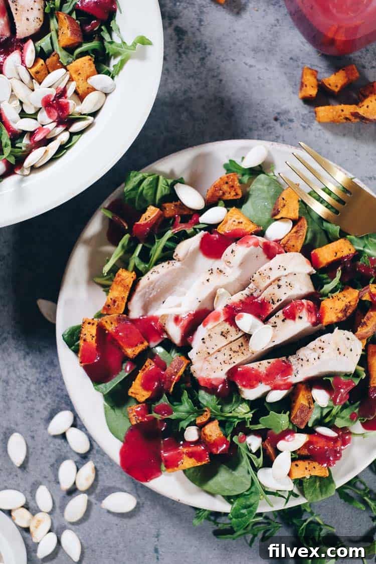 Delicious Roasted Sweet Potato Salad featuring the option to use winter squash like delicata or butternut for a comforting fall side dish.