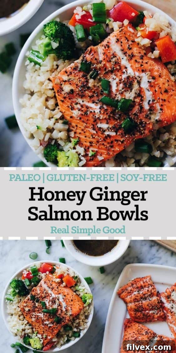 Pin for later: Delicious and easy Honey Ginger Salmon Bowls recipe, perfect for a healthy and quick weeknight dinner, Paleo, Gluten-Free, and Soy-Free.