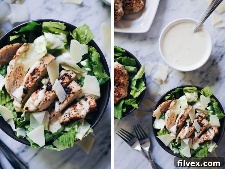 Caesar Turkey Burger Bowls with homemade Paleo and Whole30 compliant Caesar dressing on a wooden table, featuring fresh romaine lettuce and juicy turkey patties. A perfect healthy meal option.