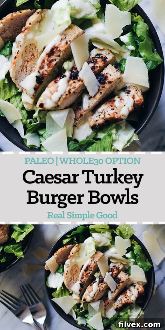 Full shot of Caesar Turkey Burger Bowls, showcasing a healthy, quick, and easy Paleo, Whole30, and Keto recipe. Perfect for meal prep.